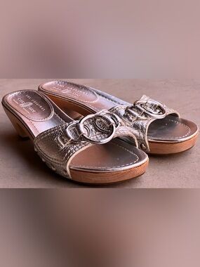 Car Shoe Prada Metallic Silver Leather Wood Clog Sandals Slide Heel Vintage 37.5